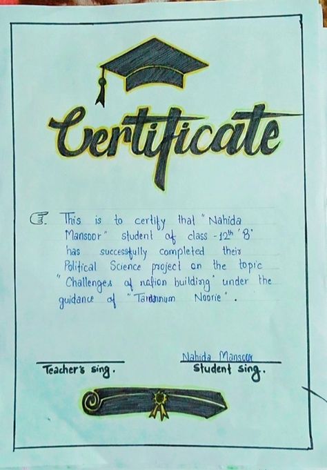 Certificate Calligraphy Fonts, Calligraphy On Certificate, Borders For Certificates Design, Project Certificate Page, Certificate Ideas For Project File, Certificate Design For School Project, Notebook Ideas Cover Design Simple, Project File Design Ideas School, Economics In Calligraphy