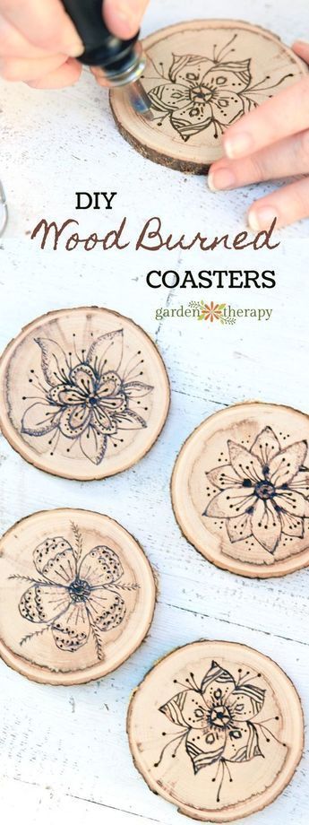 How to Make Wood Burned Coasters. A simple, unique gift item or complement to any home decor. The ideas are boundless! #woodcrafts #coasters #woodburning Wood Burned Coasters, Wood Crafting Tools, Woodburning Projects, Unique Gift Items, Wood Burning Crafts, Easy Wood, Wood Burning Patterns, Wood Burning Art, Diy Holz