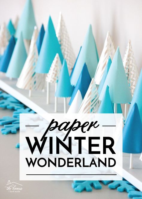 Decorate any mantel, tabletop, or cake with this simple Paper Winter Wonderland, made with basic cardstock, sticks, and glue! Paper Winter Wonderland, Winter Wonderland Diy Centerpieces, Winter Wonderland Trees Diy, Cheap Winter Wonderland Decorations, Winter Wonderland Party Centerpieces, Office Winter Decorations, Winter Wonderland Centerpieces Diy Table Decorations, Winter Wonderland Display, Office Winter Wonderland