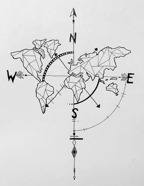 geometric world map compass arrow nautical travel tattoo design                                                                                                                                                                                 More Tato Geometris, Female Tattoos, Map Compass, Map Tattoos, Tattoo Trend, Men Tattoos, Couple Drawing, Tattoo Zeichnungen, Cat Tattoos