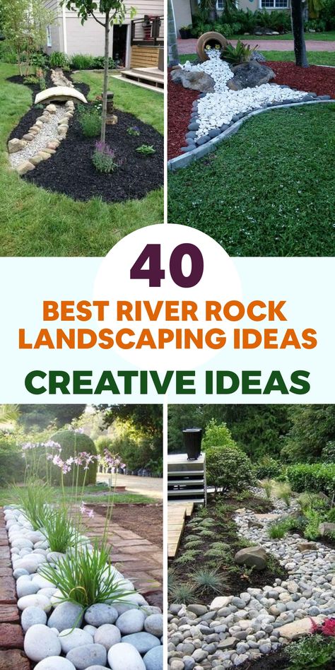 Enhance the beauty of your outdoor space with these top river rock landscaping concepts. Infuse natural elements into your landscape by incorporating river rocks to create charming borders around garden beds. Construct a captivating rock garden by blending varied sizes and hues of river rocks with resilient succulents and ornamental grasses for a water-efficient and easy-to-maintain setup. For a fluid connection between water features and land, consider lining the edges with river rocks. Rock Ditch Landscaping, Using River Rock As A Border, River Rock Dry Creek Bed, Landscaping Mounds And Berms, Hill Rock Garden, Rock Beds Front Of House, Plants For River Rock Bed, River Rock Beds Landscaping, River Rock In Landscaping