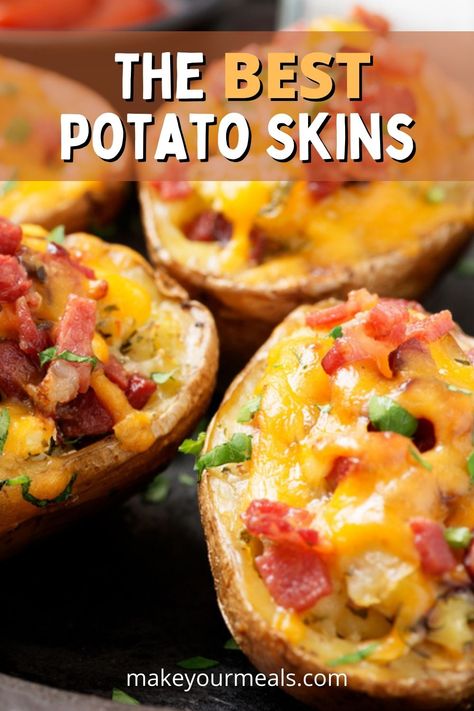 Potato Skins are one of the BEST finger food appetizers! This recipe has baked potato skins filled with cheese and bacon and topped with green onions and sour cream for the perfect, easy to eat appetizer! Potato Skins Red Potatoes, Superbowl Potato Recipes, Red Potato Skins Appetizer, Diy Potato Skins Recipes, Red Potato Skins, Taco Potato Skins, Mexican Potato Skins, Baked Potatoe Skins In The Oven, Homemade Potato Skins Easy