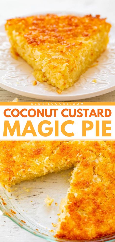 Get ready for this Coconut Custard Magic Pie! It's so easy and goof-proof. With three delicious layers, this impossible coconut pie is a spring baked good everyone will go crazy for. Put this crustless coconut pie recipe on your summer dessert ideas! Crustless Coconut Pie Recipe, Magic Pie, Impossible Coconut Pie, Appetizers Fruit, Coconut Pie Recipe, Custard Pie Recipe, Coconut Custard Pie, Coconut Pie, Coconut Desserts