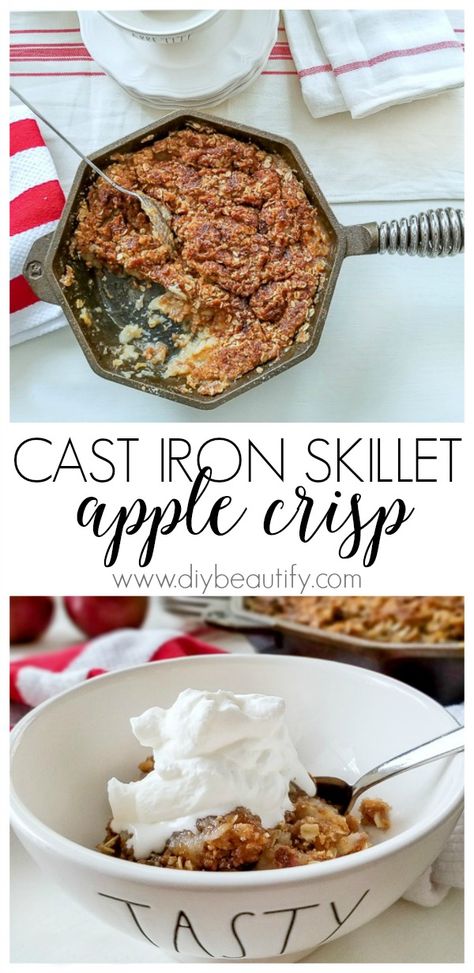 A warm, gooey center and a crunchy sweet topping makes apple crisp a classic recipe! Bake it in a cast iron skillet for a taste of comfort! Recipe and instructions at diy beautify! Iron Skillet Apple Crisp, Dutch Oven Apple Crisp, Skillet Apple Crisp, Camping Dessert Recipes, Cast Iron Skillet Cooking, Camping Dishes, Camping Desserts, Apple Crisp Easy, Iron Skillet Recipes