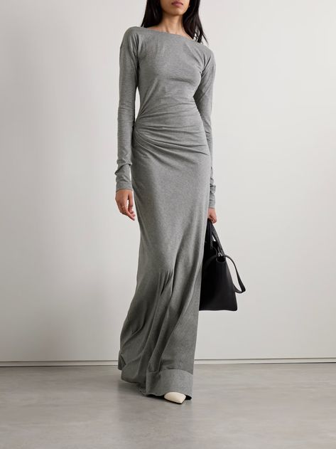 VICTORIA BECKHAM Ruched cotton-jersey maxi dress | NET-A-PORTER Jersey Dress Outfit, Grey Dress Outfit, Grey Jersey Dress, Victoria Beckham Dress, Cotton Jersey Dress, Net Dress, Maxi Jersey Dress, Grey Outfit, Kinds Of Clothes