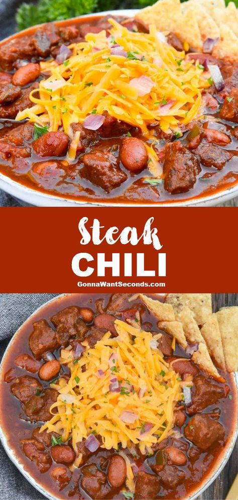 Filet Mignon Chili Recipe, Steak Chili Recipe, Chili Recipe Video, Steak Chili, Chilli Dogs, Ribs Recipes, Meat Chili, Leftover Steak, Bean Chili Recipe