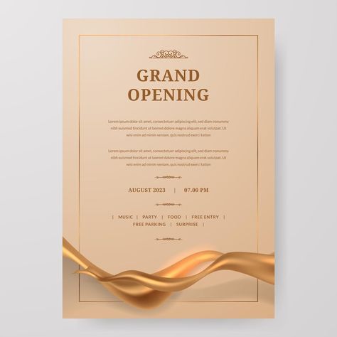 Vector grand opening poster celebration ... | Premium Vector #Freepik #vector #inauguration-invitation #inauguration #opening-ceremony #inauguration-ceremony Grand Opening Poster, Grand Opening Invitations, Golden Fabric, Greeting Card Template, Wedding Greeting Cards, Gold Invitations, Ceremony Backdrop, Gold Silk, Engagement Cards