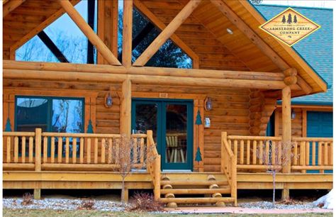 rustic Cedar log railing porch front for log cabin or timber style home Log Cabin Porch Railing, Log Cabin Deck Railing Ideas, Rustic Deck Railing, Modern Log Cabins Exterior, Vermont Decor, Front Porch Railing Ideas, Railing Porch, Log Cabin Porch, Log Railing