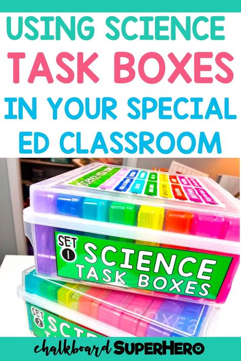 Do you use task boxes in your special education classroom? Check out this blog post about how to use task boxes for science special education activities. I give you a list of ideas to put together science task boxes or you can even link to my own special education task boxes. Some of the science skills include the five senses, the solar system, push and pull, and more. This is a great special education resource for independent centers, morning work, or homework for special education. Higher Level Task Boxes, Task Box Ideas Special Needs, Special Education Science Activities, Science Special Education, Science Task Boxes, Middle School Task Boxes, Sped Task Boxes, Diy Task Boxes For Special Education, Severe And Profound Classroom Activities