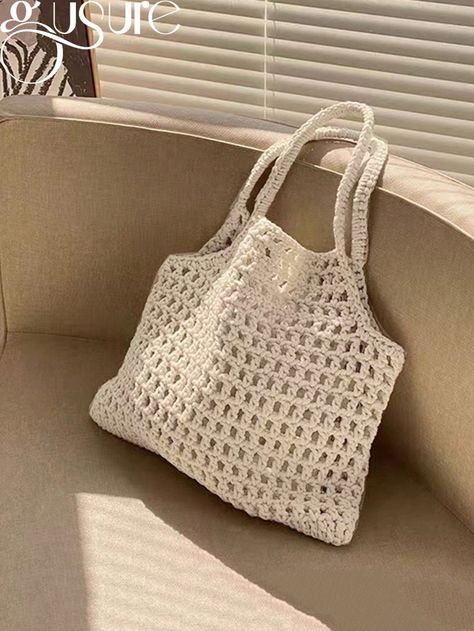 Bohemian Fashion Crochet Tote Bag Summer Knitted Shoulder Bags Hollow Out Weaving Tote Bag With Inner Bag Beach Handbags Hand-Woven Underarm Bags Beige Elegant,Vacation   Polyester Colorblock,Plain,Textured Pattern Top Handle Bag   Women Bags, size features are:Bust: ,Length: ,Sleeve Length: Knit Beach Bag, Crochet Bag Unique, Beige Crochet Bag, Beach Bag Crochet, Crochet Beach Bag, Tote Bag Summer, Crochet Beach Bags, Weave Shop, Beige Crochet