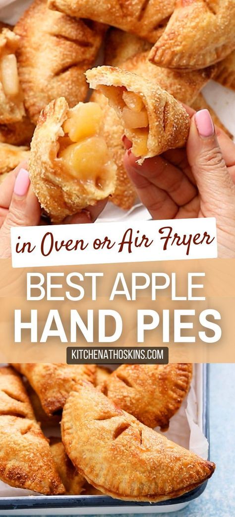 Learn how to make the best apple hand pies with homemade apple pie filling made from scratch. The mini pies are easily made in the oven or in air fryer with homemade pie crust and makes a great Thanksgiving dessert for a crowd or for fall. Get the easy apple hand pie recipe at kitchenathoskins.com. Best Apple Hand Pies, Homemade Hand Apple Pies, Apple Pie With Homemade Crust, Sweet Apple Pie Recipe, Apple Hand Pie Filling, Quick Apple Recipes Simple, How Many Apples For An Apple Pie, Baked Hand Apple Pies, Lucky Leaf Apple Pie Filling Recipes