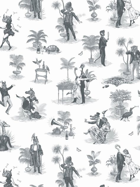 Safari Soirée – Divine Savages Slate Wallpaper, Savage Wallpapers, Inspired Wallpaper, Toile Wallpaper, Linen Wallpaper, Design 101, Party Animals, Bathroom Wallpaper, Wallpaper Design