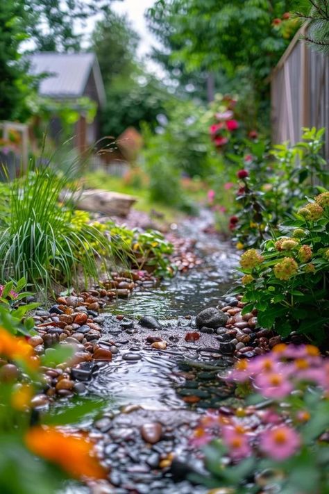 Small Garden Stream Ideas for Your Backyard Haven Cottage Water Feature, How To Build A Stream In Your Yard, Backyard Stream Ideas, Small Creek In Backyard, Backyard Stream Landscaping, Garden Swales, Garden Stream Ideas, Stream Water Feature, Backyard Streams