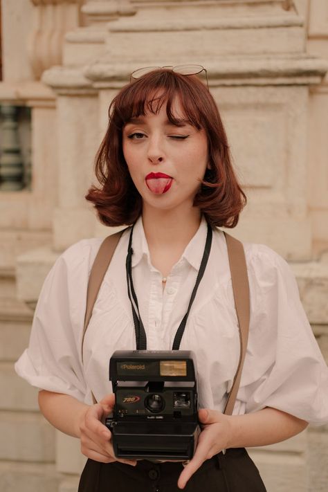 Person With Camera Reference, Person Holding Camera Reference, Camera Concept Art, Random People Photography, Pose With Camera, Holding Camera Pose, Photographer Poses With Camera, Person Holding Camera, Looking Down At Camera