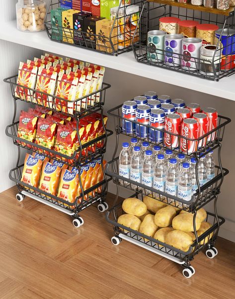 PRICES MAY VARY. Large Capacity: Looking for More Counter Space in Your Kitchen? Look no further than our all-purpose small kitchen storage cart. It boasts plenty of room to store products that don't need refrigeration such as fruit, onion, potato, bread, snacks, water bottles, produce, cans, etc. Floor-mount Storage Cart or Countertop Organizer Option: You can use the No-slip Feet to create a 3-tier fruit basket for the kitchen counter, or set up a 3-tier snack cart with Lockable Wheels under t Big Kitchen Organization, Storage Ideas For Storage Room, Bottom Of Pantry Storage, Cute Kitchen Decorations, Forever Home Must Haves, Extra Pantry Storage Ideas, Kitchen Stuff Household Items, Chip Organization Pantry, Storage And Organization Small Spaces