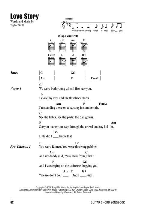 Love Story by Taylor Swift - Guitar Chords/Lyrics - Guitar Instructor Guitar Chords With Lyrics, Love Yourself Guitar Chords, Love Story Ukulele Chords, Enchanted Guitar Chords, Sparks Guitar Chords, Lover Taylor Swift Guitar Chords, Enchanted Taylor Swift Guitar Chords, Tear Drops On My Guitar Taylor Swift, Taylor Swift Songs On Guitar