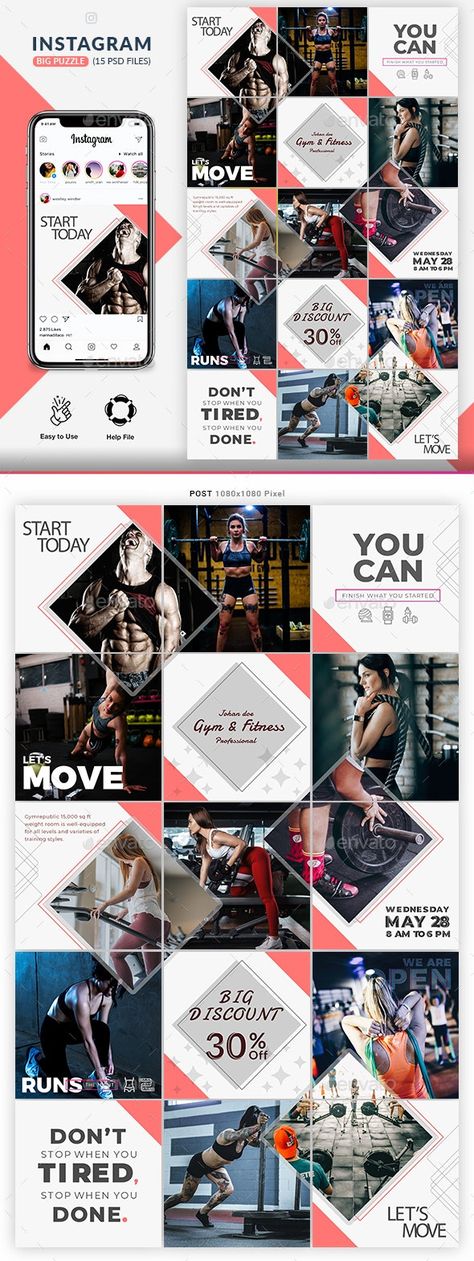 Fitness GYM Instagram Puzzle Templates by Roobii | GraphicRiver Instagram Grid Layout, Instagram Layout Ideas, Instagram Grid Design, Instagram Feed Layout, Instagram Puzzle, Instagram Template Design, Instagram Grid, Instagram Layout, Instagram Feed Ideas