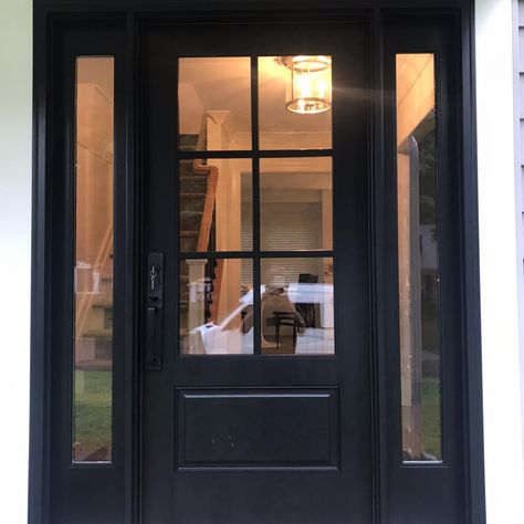 Black Entry Door With Sidelights, Therma Tru Doors, Smooth Star Front Door, Full Light Front Door, Front Door Privacy Glass Ideas, Backdoor Ideas Back Doors, Therma Tru Front Door, Black Glass Front Door, Front Entry Doors With Sidelights