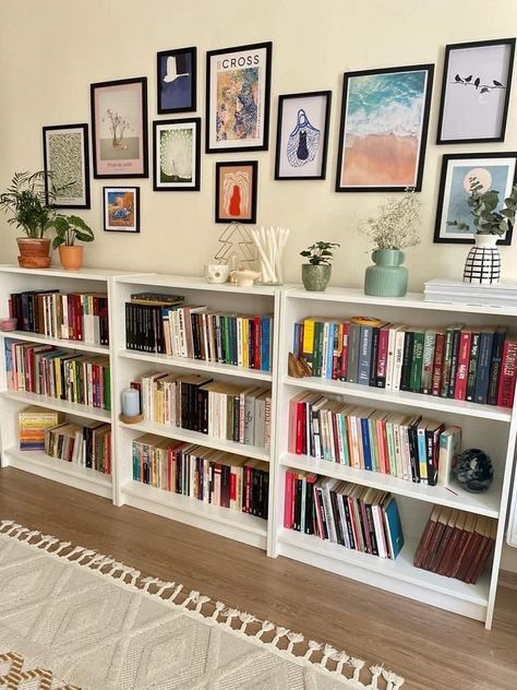 Hallway Library Ideas Narrow, Horizontal Bookshelf Styling, Bookshelves In Hallway, Short Bookshelf Ideas, Family Room Bookshelves, Bookshelf In Living Room Layout, Small Book Room, Hallway Library Ideas, Bookshelves In Living Room Small Spaces