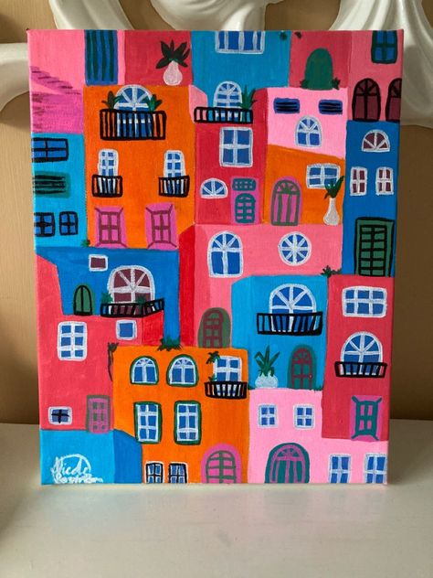 Ideas For Easy Paintings, Houses Painting Art, Elementary Canvas Art Projects, Paintings House Decor, Bright Color Paintings Canvas, Colorful Buildings Painting, Diy Canvas Art Colorful, Easy Paint Inspiration, Houses Painting Acrylic