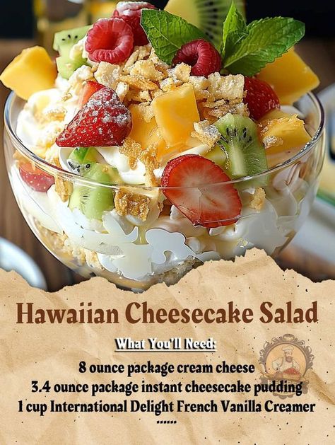 Nonna Pia Fan Club | Hawaiian Cheesecake Salad | Facebook Hawaiian Cheesecake, Cheesecake Fruit Salad, Cheesecake Salad, French Vanilla Creamer, Orange Cream Cheese, Grandma Cooking, Sugar Free Pudding, Cheesecake Pudding, Pineapple Strawberry