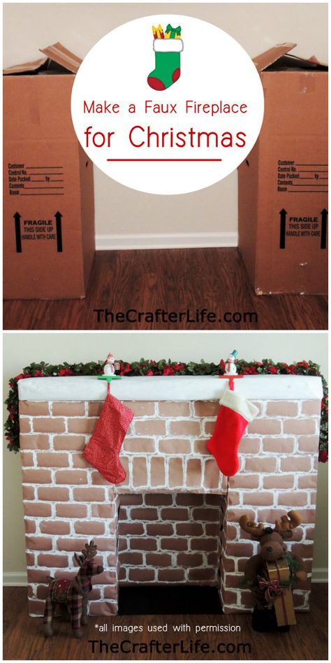 Awesome Christmas decoration DIY idea - make a faux fireplace from cardboard for Santa to come down for Christmas. | Apartment Living | Small Spaces made fun for the kids Diy Faux Fireplace Mantle, Faux Fireplace Mantle, Decoracion Navidad Diy, Diy Christmas Fireplace, Christmas Decoration Diy, Cardboard Fireplace, Fake Fireplace, Faux Fireplace Diy, Christmas Apartment