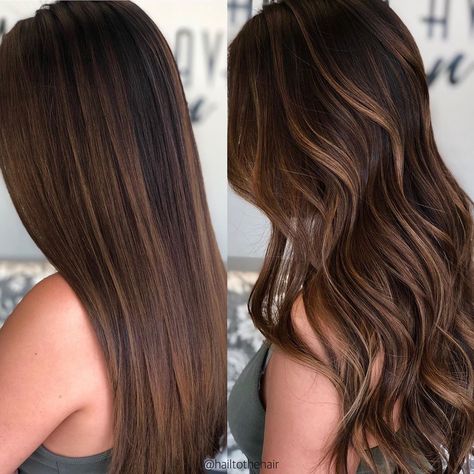 Straight vs curled brunette caramel balayage hair Caramel Balayage Straight Hair, Balayage On Straight Hair, Chocolate Balayage, Straight Hair Highlights, Balayage Straight, Red Balayage Hair, Balayage Straight Hair, Balayage Long Hair, Highlights For Dark Brown Hair