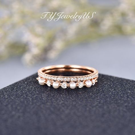 Pearl Wedding Ring Set, Rose Gold Wedding Ring Sets, Pearl Wedding Bands, Akoya Pearl Ring, Wedding Ring Sets Vintage, Pearl Wedding Ring, Pearl Cluster Ring, 14k Rose Gold Wedding Ring, Gold Diamond Wedding Rings