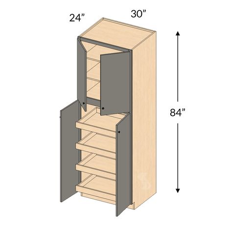 30" wide, 84" high, 24" deep (2 shelves) Stacked Wall Cabinets Pantry, Pantry Cabinet Plans, Kitchen Pantry Cabinets Free Standing, Pantry Cabinets In Kitchen, Built In Pantry Cabinet, Storage Cabinets For Kitchen, Built In Pantry Cabinet Wall, Inspirational Kitchens, Tray Cabinet