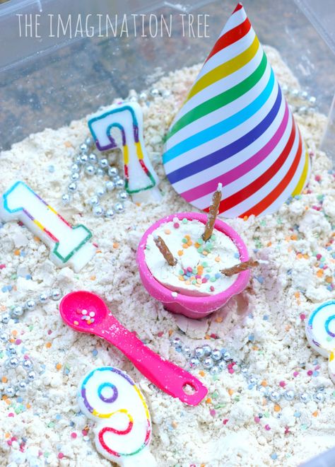 Birthday Party Tuff Tray Ideas, Birthday Cake Sensory Bin, Birthday Tuff Tray Ideas, Birthday Tuff Tray, Birthday Preschool Activities, Birthday Cake Cloud, Birthday Playdough, Tree Crafts Preschool, Preschool Sensory Play