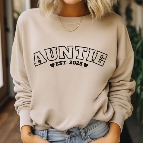 Auntie Sweatshirt, Personalized Auntie Sweatshirt with Date, Custom Aunt Sweater, Auntie Announcement, Gift for Aunt, Pregnancy Announcement by SixHeartsDesignCo on Etsy Auntie Announcement, Aunt Pregnancy Announcement, Aunt Sweater, Auntie Sweatshirt, Gift For Aunt, Aunt Gifts, Pregnancy Announcement, Sweat Shirt, Gender Neutral