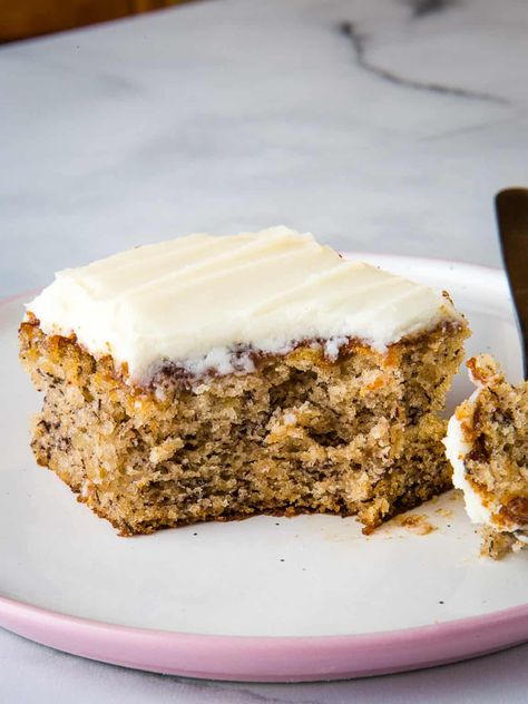 Easy One-Bowl Banana Cake - Cook Fast, Eat Well Brown Sugar Banana Bread, Banana Snacks, Banana Cake Recipe, Cake With Cream Cheese Frosting, Philly Cheese, A Piece Of Cake, With Cream Cheese Frosting, Spice Cake, Cake With Cream Cheese