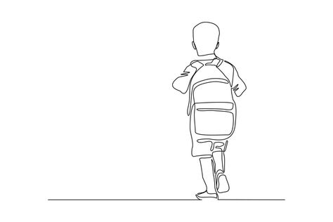 Continuous line drawing of little boy man walking on the street. Concept of student person with bag go to school. Vector illustration Going To School Drawing, Going To School Illustration, Road Drawing, School Lines, School Vector, Architecture Drawing Presentation, Kids Going To School, Walking On The Street, Bag Illustration