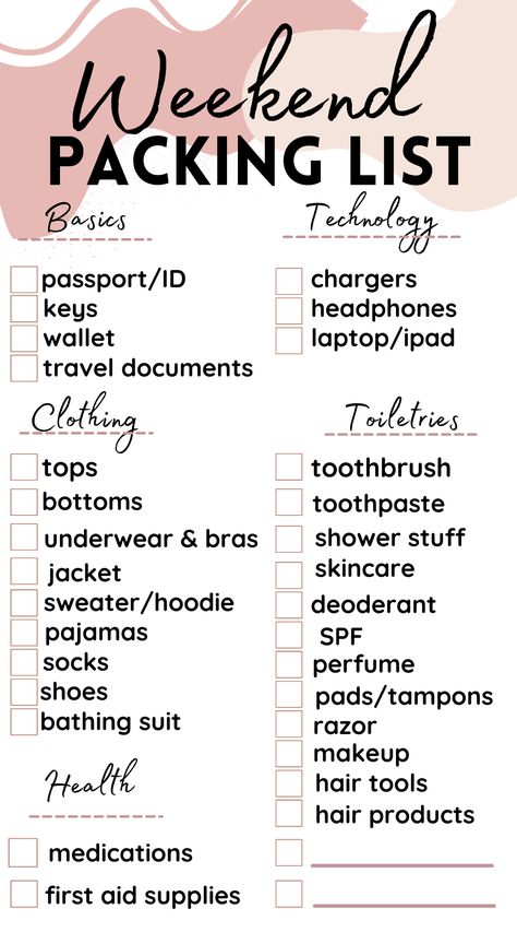 Weekend Trip Packing List, Weekend Trip Packing, Trip Essentials Packing Lists, Weekend Packing List, Road Trip Kit, Weekend Packing, Travel Packing Checklist, Packing Essentials List, Road Trip Packing List