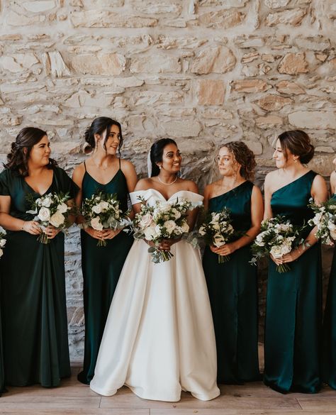 Bridal party with large green and cream floral bouquets, cream rose bouquet, deep emerald bridesmaid dresses, stone wall 
⁠
@colinianross⁠
@ggsyard⁠
@eleganzasposa⁠
@amm_team

#scottishweddingvendors #engagedscotland #weddingflowers #weddingbouquet #weddingflowerbouquet #awardwinningflorist #edinburghflorist  #flowerinstallations #luxuryweddingflorals #weddingvenues #scottishweddingvenues Emerald Green Bridal Party, Cream Rose Bouquet, Mantle Beam, Green Bridal Party, Emerald Bridesmaid, Emerald Bridesmaid Dresses, Bridal Party Flowers, Gorgeous Flowers, Cream Roses