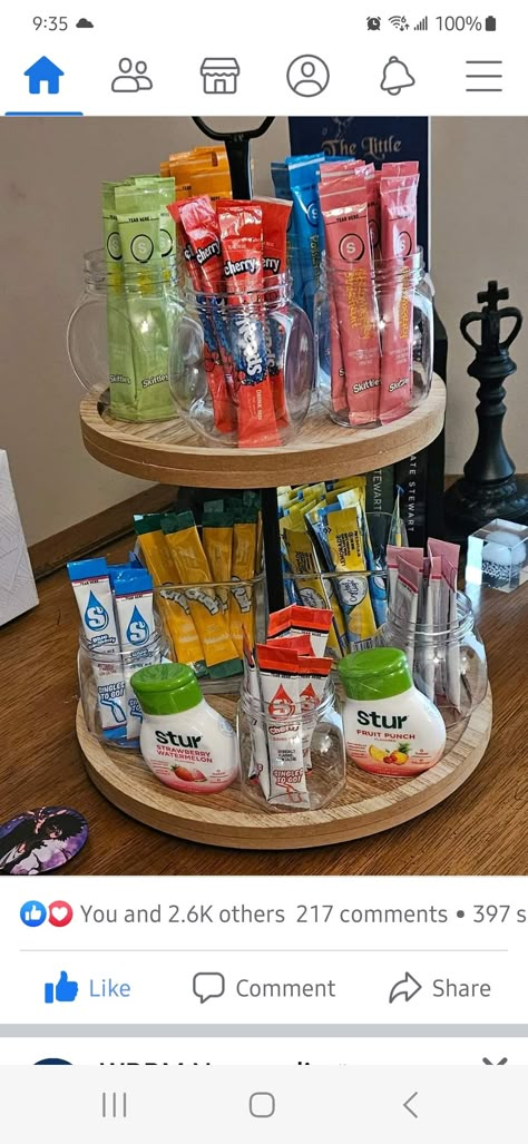 Break Room Snack Station, Soda Bar Drink Stations, Flavored Water Bar, Skittles Drink, Graduation Party Drinks, Beverage Station Party, Office Coffee Bar, Water Bar, Sunshine Committee