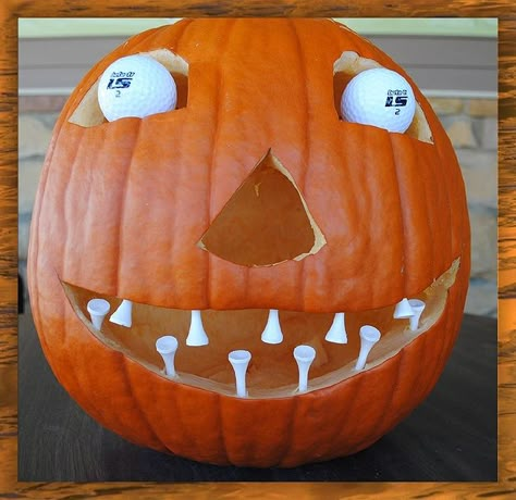 Golf Pumpkin - His Tee-th are frightening!  His eyes are ah-balling! Golf Pumpkin, Golf Halloween, Golf Crafts, Golf Birthday Gifts, Golf Ball Gift, Golf Ball Crafts, Golf Decor, Golf Art, Golf Outing