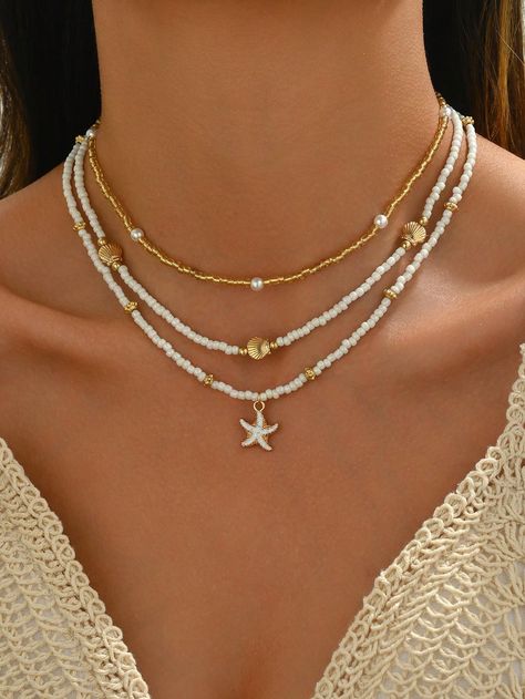 Set de 3 piezas Collar de capas con cuentas, borlas, estrellas de mar y conchas, joyería de moda de playa de verano para mujeres  Vacación   Aleación de zinc     Women Fashion Jewelry, size features are:Bust: ,Length: ,Sleeve Length: Beach Beaded Jewelry, Starfish Jewelry, Rice Bead, Wear Necklaces, Summer Necklace, Watches Women Fashion, Handcrafted Necklace, Shell Necklace, Shell Necklaces