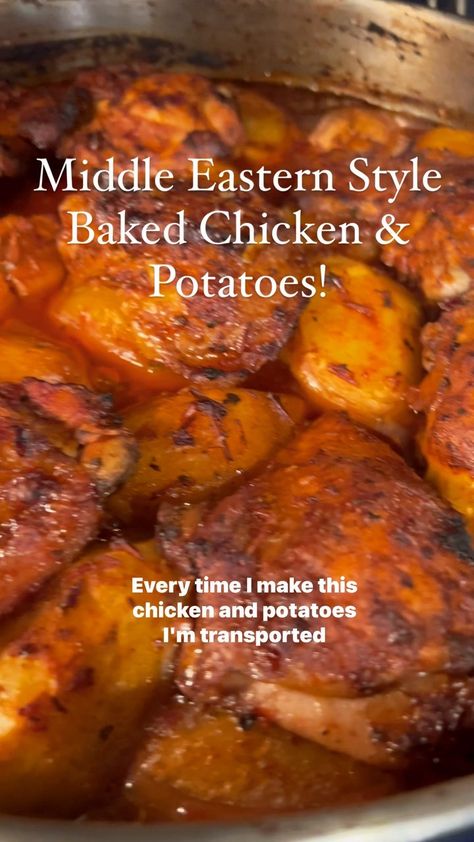 Mary Markarian | EASY MIDDLE EASTERN CHICKEN & POTATOES! (With a twist 🍷)The best part…ONE PAN! The aroma! The flavors! It doesn’t get much better💕 While a… | Instagram Chicken Leg Recipes With Potatoes, Lebanese Baked Chicken With Potatoes, Middle Eastern Roast Chicken, Middle Eastern Chicken And Potatoes, Arabic Chicken Recipes Middle East, Lebanese Chicken And Potatoes, Armenian Chicken Recipes, Arab Chicken Recipes, Middle Eastern Recipes Chicken