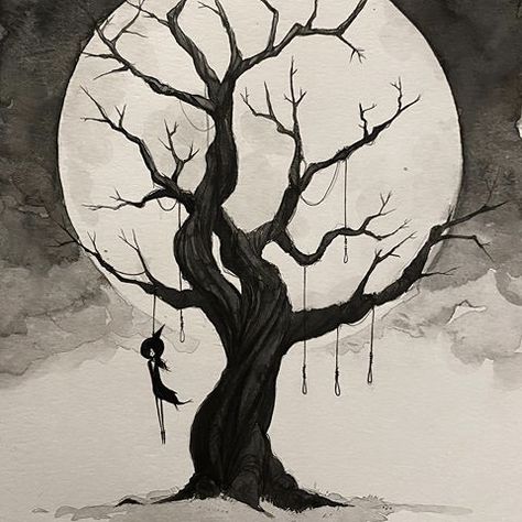 Justin O'Neal (@justinonealart) • Instagram photos and videos Fantasy Tree Drawing, Watercolor Silhouette, Petit Tattoo, Fantasy Tree, Creepy Drawings, Dark Tree, Tree Sketches, Hanging Tree, Tree Artwork