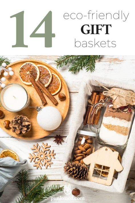 Pinterest graphic with text, "14 eco-friendly gift baskets" with an image of Christmas food and Christmas crafts on a table with pine branches. Eco-friendly Natural Bucket Bag As Gift, Homestead Gift Basket, Eco-friendly Everyday Basket Bag, Eco-friendly Basket Bag As Gift, Eco-friendly Basket Beach Bag As Gift, Men's Wedding Outfit, Men's Long Hairstyles, Christmas Gift Baskets, Earth Friendly