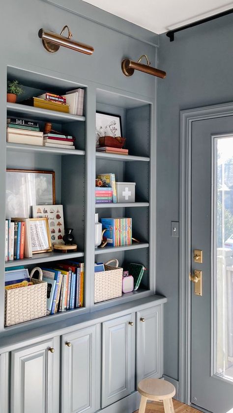 Blue Gray Built Ins, Blue Office Built Ins, Dusty Blue Office, Light Blue Library, Slate Blue Built Ins, Slate Blue Book Shelves For Den, Dark Gray Built In Bookshelves, Dusty Blue Bookshelf, Blue Shelves Bookshelves