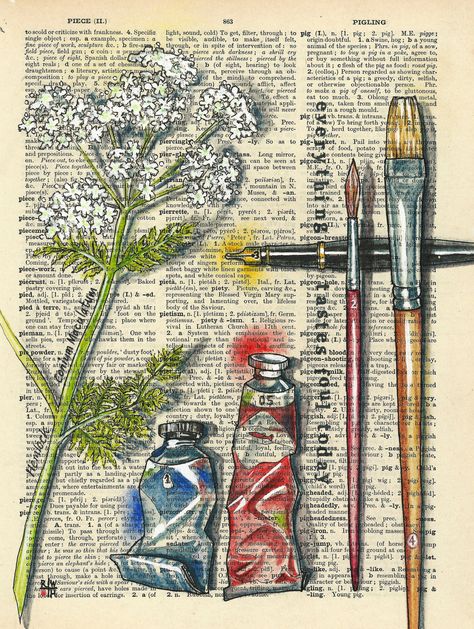 Rhian Wyn Harrison : Photo Tool Illustration, Artist Tools, Kunstjournal Inspiration, Newspaper Art, Book Page Art, Dictionary Art, 수채화 그림, Vintage Poster Art, Agatha Christie