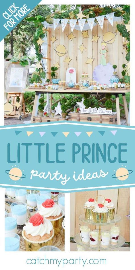 Don't miss this adorable Little Prince baby shower! Love the dessert table! See more party ideas and share yours at CatchMyParty.com Little Prince Baby Shower Theme, Le Petit Prince Baby Shower Ideas, Le Petit Prince Birthday Party, The Little Prince Baby Shower Theme, The Little Prince Birthday Theme, Little Prince Birthday Theme, Little Prince Baby Shower Ideas, Little Prince Birthday Party, Prince Birthday Invitations