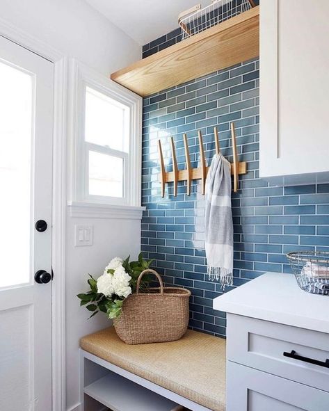 Heath Ceramics on Instagram: “How lovely is Heron Blue paired with natural tan textures via @tilemakestheroom? 2x6 Heron Blue is part of our In-Stock collection,…” Blue Subway Tile, Interior Simple, Laundry Mud Room, Built In Bench, Laundry Room Design, Utility Room, Bench With Storage, Kitchen Style, Design Firms