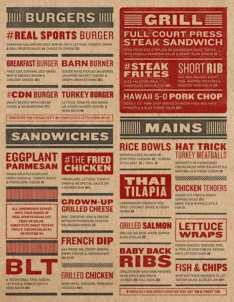 Art of the Menu: Real Sports Bar & Grill Seafood Market Design, Restaurant Moodboard, Trendy Restaurant, Menu Sans Gluten, Diner Menu, Country Pub, Pizza Branding, Grilling Menu, Grilled Food