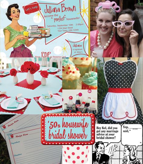 vintage kitchen bridal shower | retro invitations 2 retro ladies with props 3 red 1950s Bridal Shower, 50s Housewife, Retro Bridal Showers, Retro Invitation, Bridal Shower Advice, Retro Bridal, Vintage Bridal Shower, Retro Housewife, Shower Inspiration