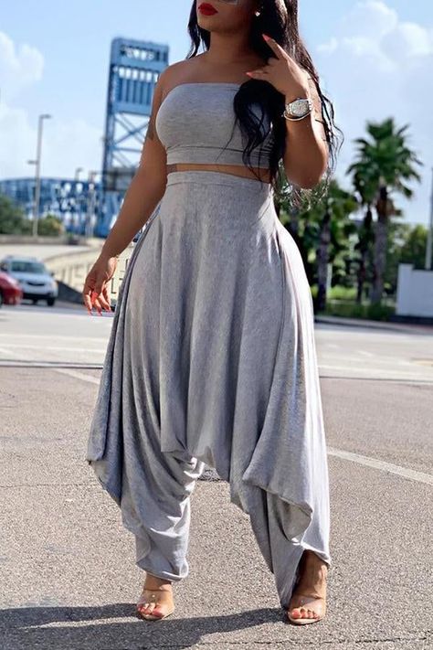 452bf208bf901322968557227b8f6efedesc45528020ri Asymmetric Jumpsuit, Grey One Piece, Grey Two Piece, Elegante Y Chic, Harem Jumpsuits, Two Piece Pants Set, Top Pants Set, Plus Size Jumpsuit, Fashion Pattern