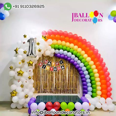 Rainbow-Theme-Jballoon-Decorators Rainbow Theme Birthday, Theme Birthday Decoration, Birthday Party Idea, Birthday Decorations At Home, Themed First Birthday, Kids Birthday Theme, Rainbow Theme, Birthday Themes, Music Themed