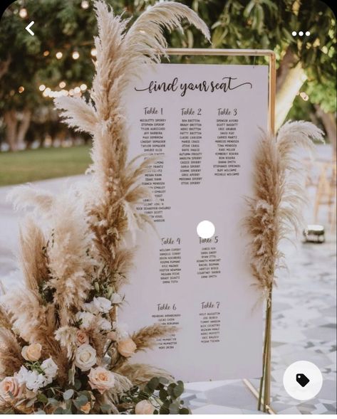 Boho Table Seating Chart Wedding, Beach Wedding Table Seating Chart, Boho Seating Chart Wedding Ideas, Greenery And Pampas Grass Wedding Decor, Pampas Grass Seating Chart, Greenery Pampas Wedding, Pampas Grass Wedding Arrangements, Boho With Greenery, White Beige Wedding Decor